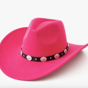 Lanzom Women Felt Wide Brim Pink Western Style Hat with Black Band - size M/L